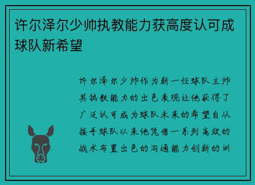 许尔泽尔少帅执教能力获高度认可成球队新希望